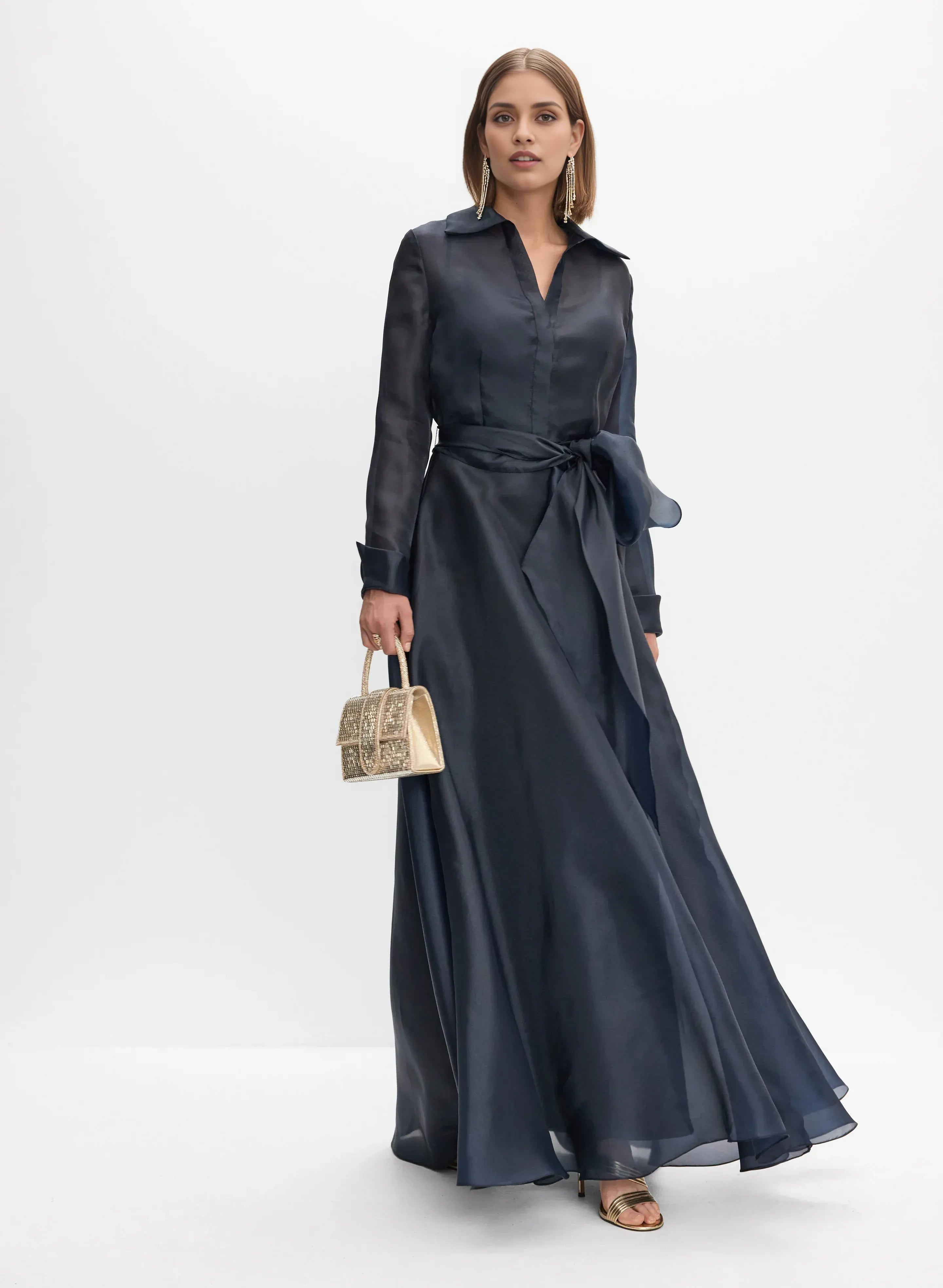 Modern A-Line Shirt Collar Long Sleeve Full Coverage Back Floor-Length Prom Dress